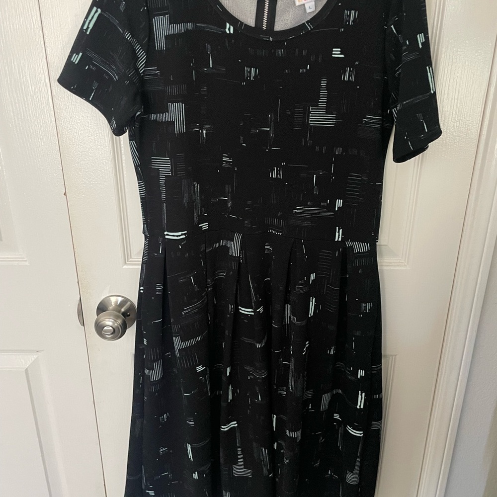 Lularoe Amelia Black Short Sleeve Fit & Flare Dress with Mint Abstract Print